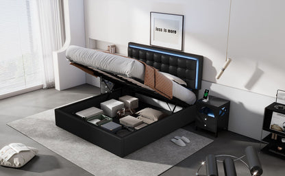 Tufted Upholstered Platform Bed with Hydraulic Storage System & PU Storage Bed with LED Lights