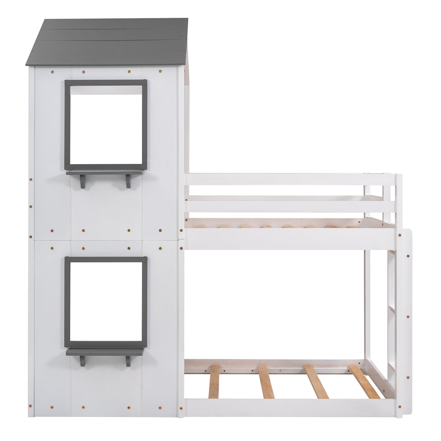 twin over twin bunk bed wood bed with roof, window, guardrail, and ladder