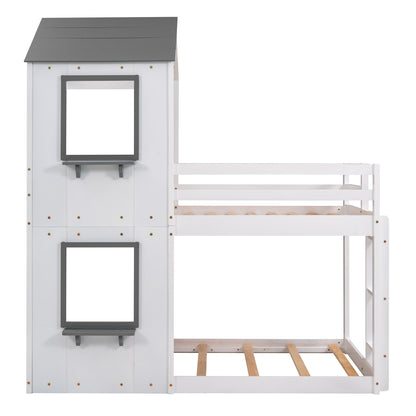 Twin Over Twin Bunk Bed Wood Bed with Roof, Window, Guardrail, and Ladder