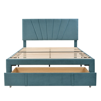 Queen Size Storage Bed Velvet Upholstered Platform Bed with a Big Drawer