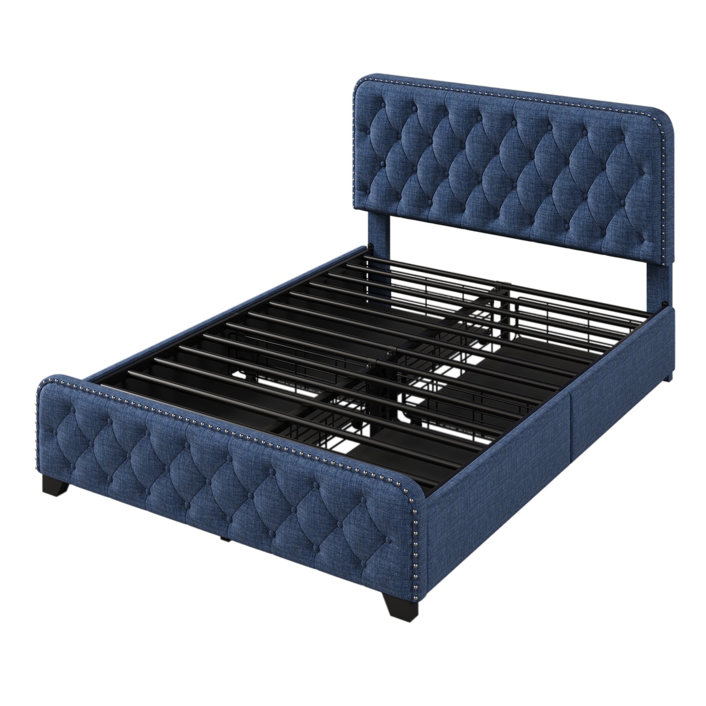 upholstered platform bed frame with four drawers, blue