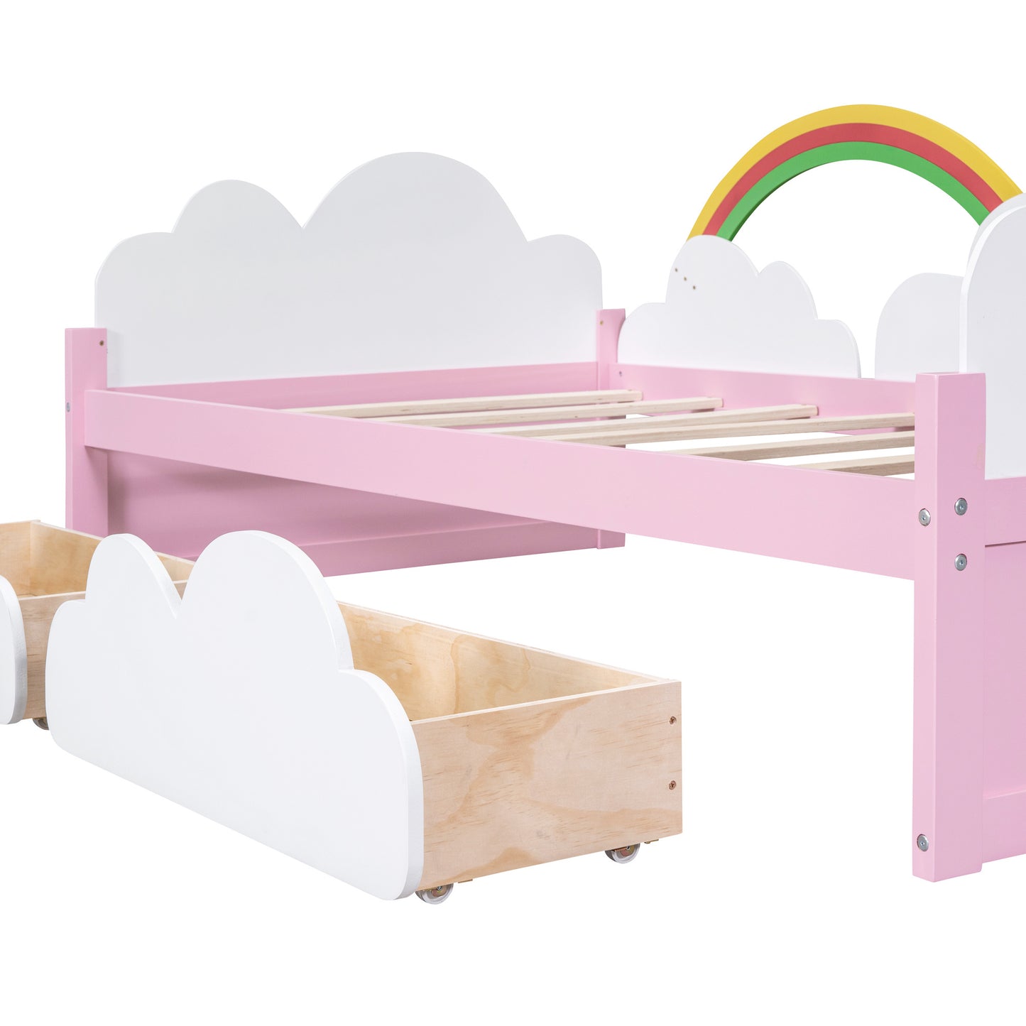 twin size bed with clouds and rainbow decor