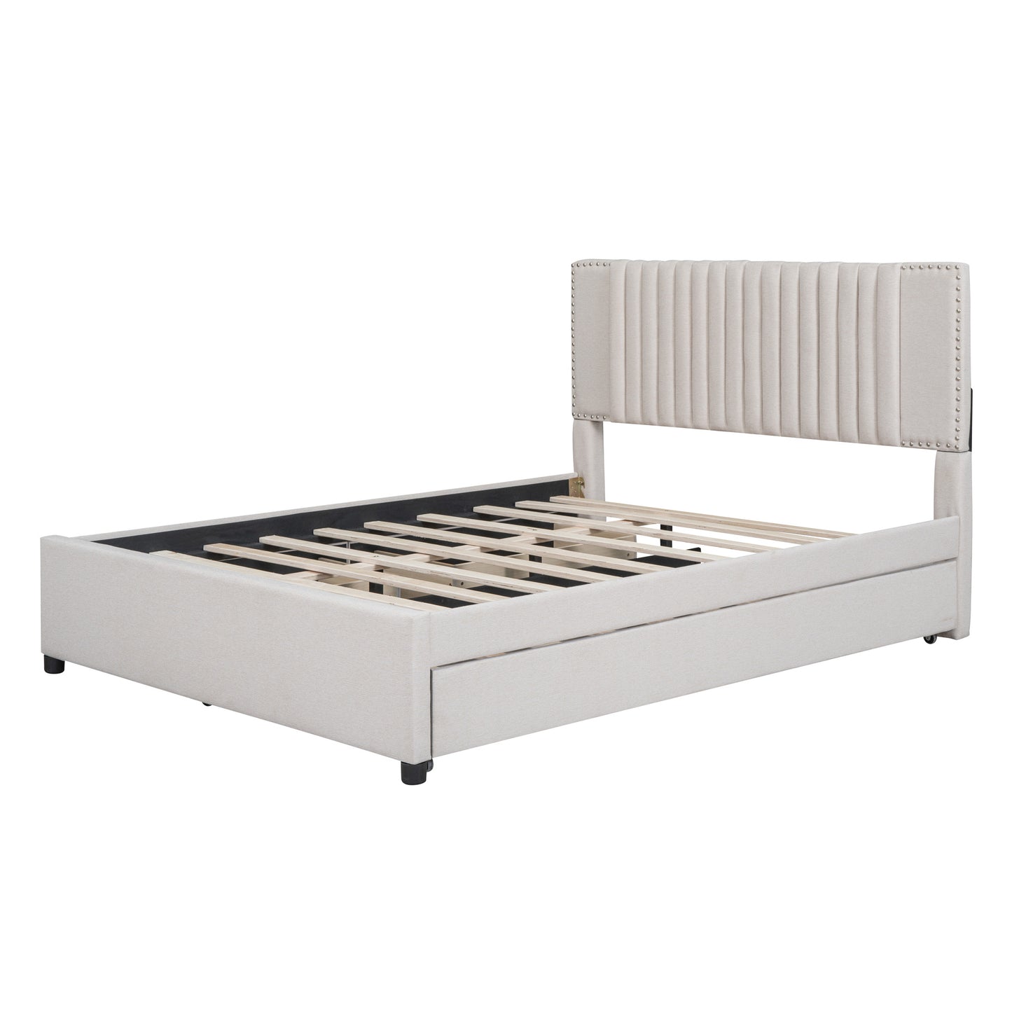 queen size upholstered platform bed with 2 drawers and 1 twin xl trundle, beige