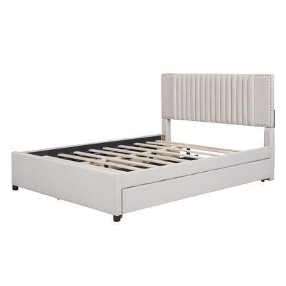 Queen Size Upholstered Platform Bed with 2 Drawers and 1 Twin XL Trundle, Beige