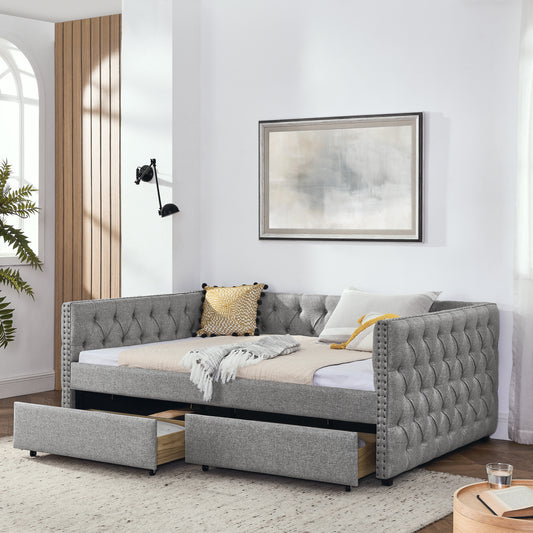 Upholstered Full Size Bed with Two Drawers, Grey