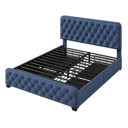 Sara Upholstered Platform Bed Frame with Four Drawers, Blue