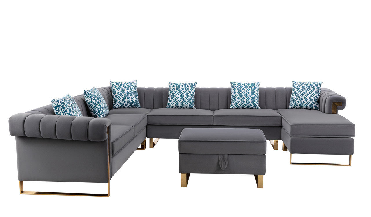maddie  8-seater sectional sofa with reversible chaise and storage ottoman, velvet grey
