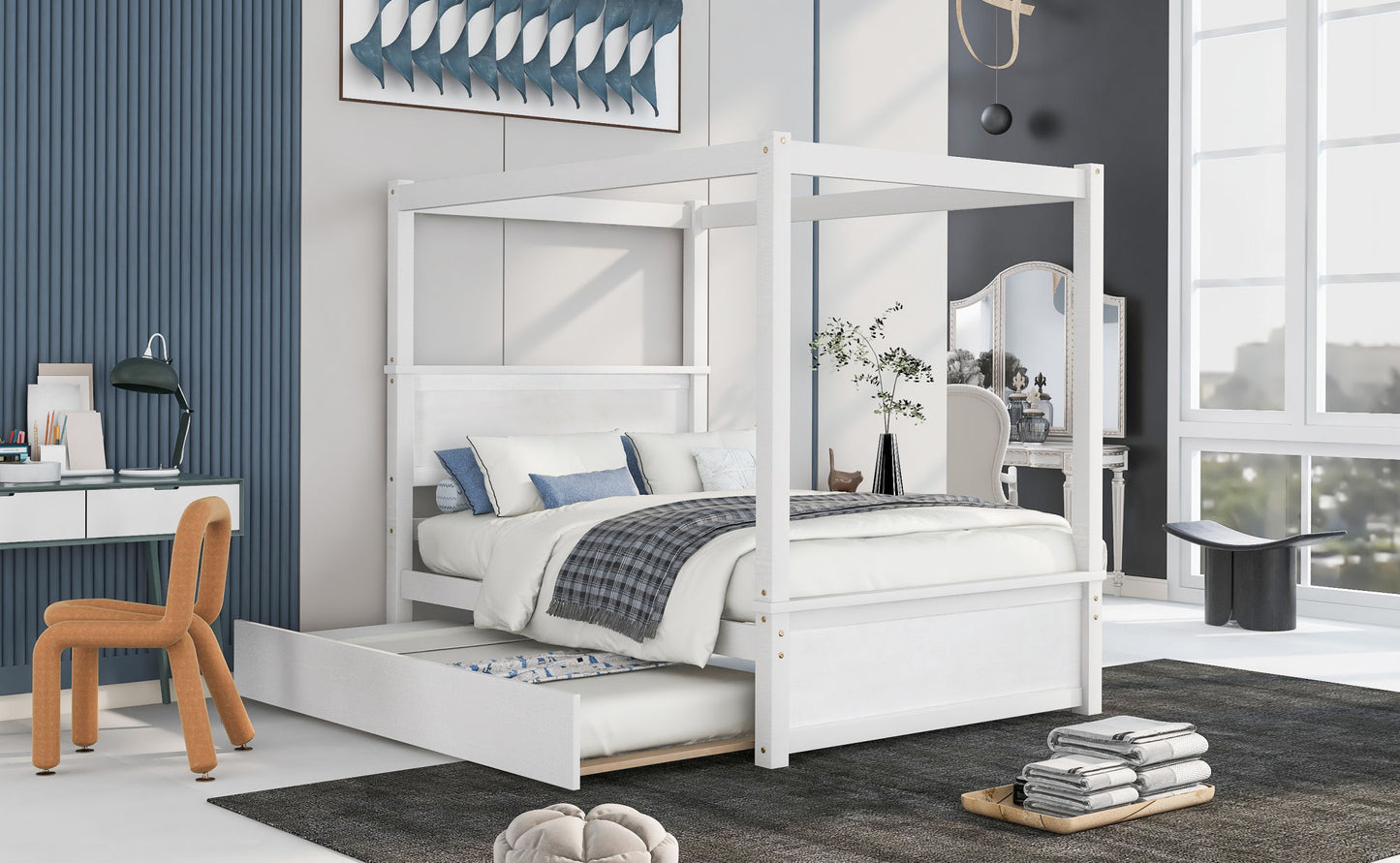 wood canopy bed with trundle