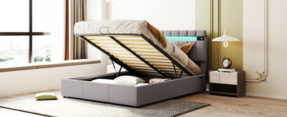 Velvet Upholstered Hydraulic Storage Bed with LED light, Bluetooth Player, and USB Charging