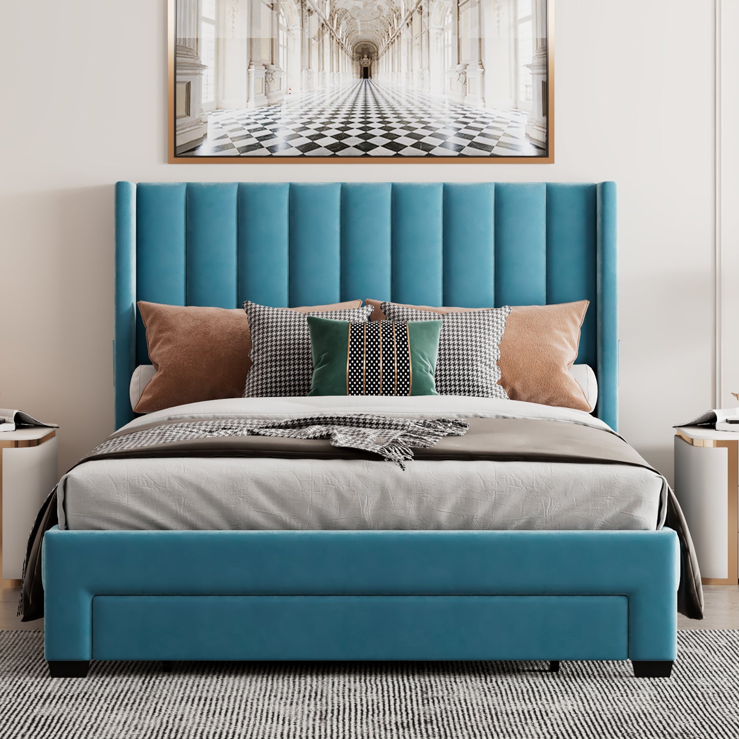 velvet upholstered platform bed with a big drawer - blue