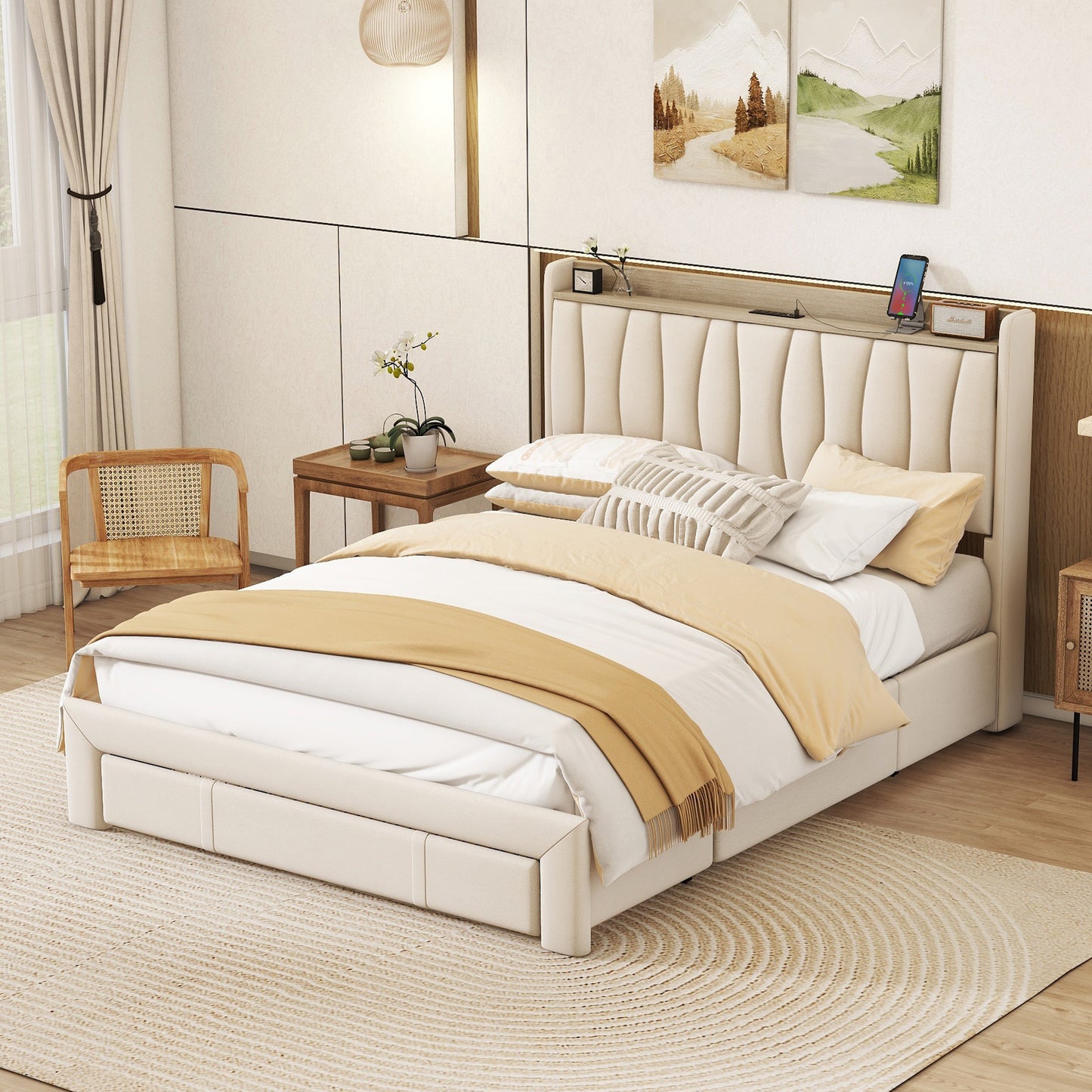 queen size bed frame with storage headboard and charging station, beige