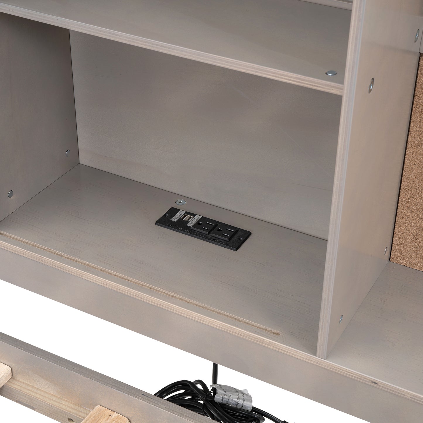 twin size lounge daybed with storage shelves, cork board, usb ports and 3 drawers, antique gray