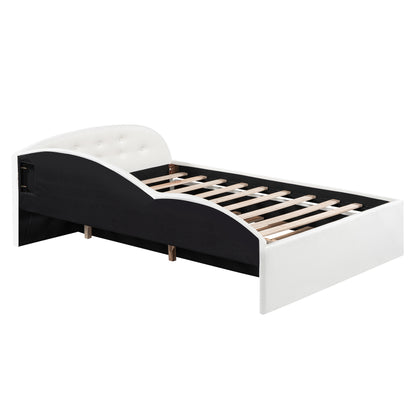 PU Upholstered Tufted Daybed with Trundle and Cloud Shaped Guardrail, White