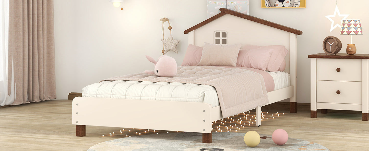 wood platform bed with house-shaped headboard (cream+walnut)