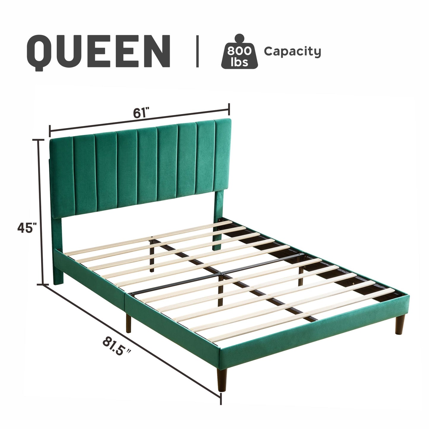 queen size platform bed with upholstered headboard and slat support, green