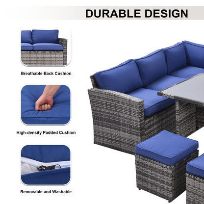 7 Pieces Outdoor Sectional Conversation Sofa with Dining Table, Chairs and Ottomans, Grey+Blue
