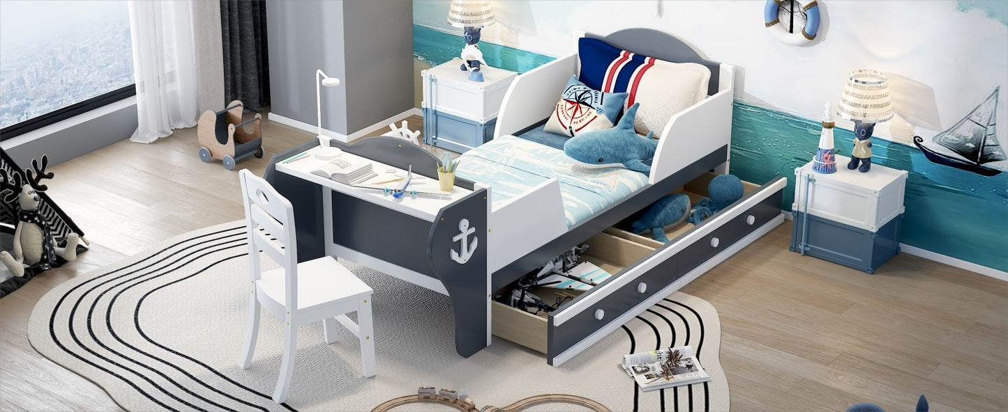 boat-shaped platform bed with two drawers, desk and chair, white+gray