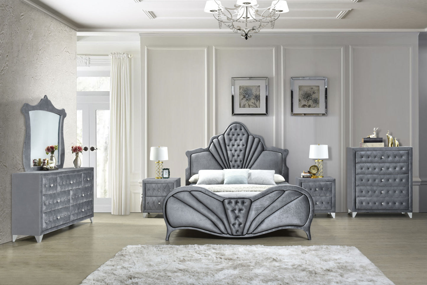 acme dante queen bed, gray velvet