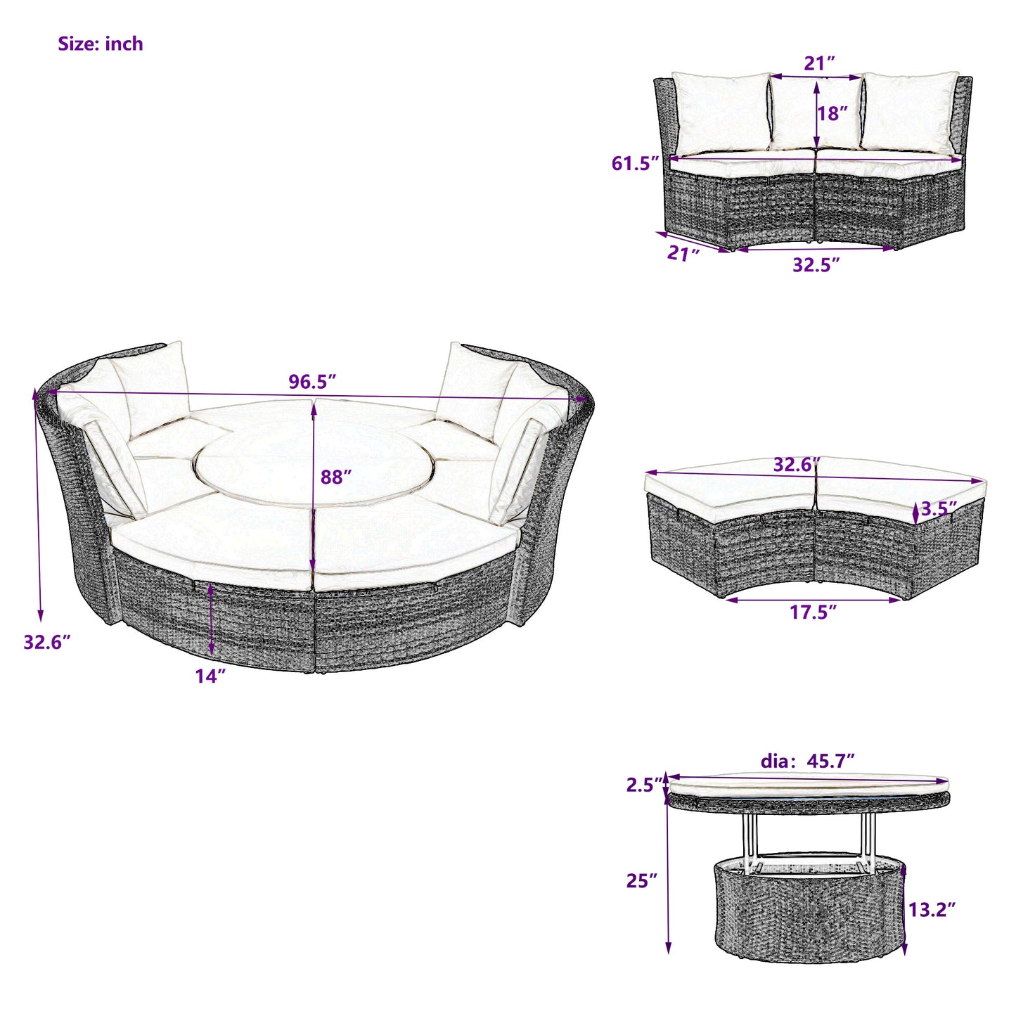 topmax patio 5-piece round rattan sectional sofa set, beige