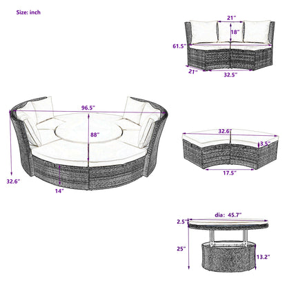 TOPMAX Patio 5-Piece Round Rattan Sectional Sofa Set, Beige