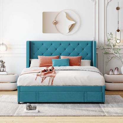 Modern Velvet Upholstered Platform Bed with Wingback Headboard and a Big Drawer