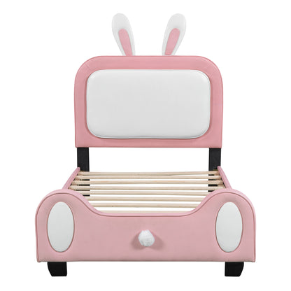 Upholstered Rabbit-Shape Princess Bed, White+Pink