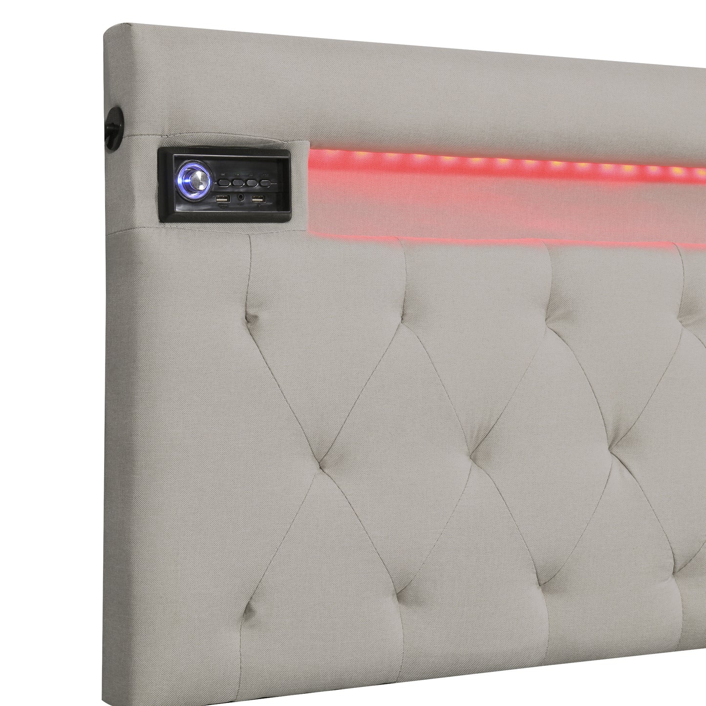 upholstered bed featured with bluetooth audio, led light and usb charging, beige