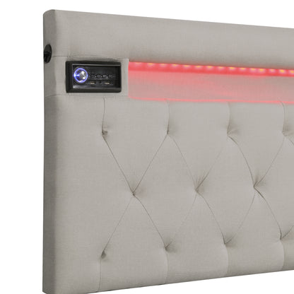 Upholstered Bed Featured with Bluetooth Audio, LED Light and USB Charging, Beige