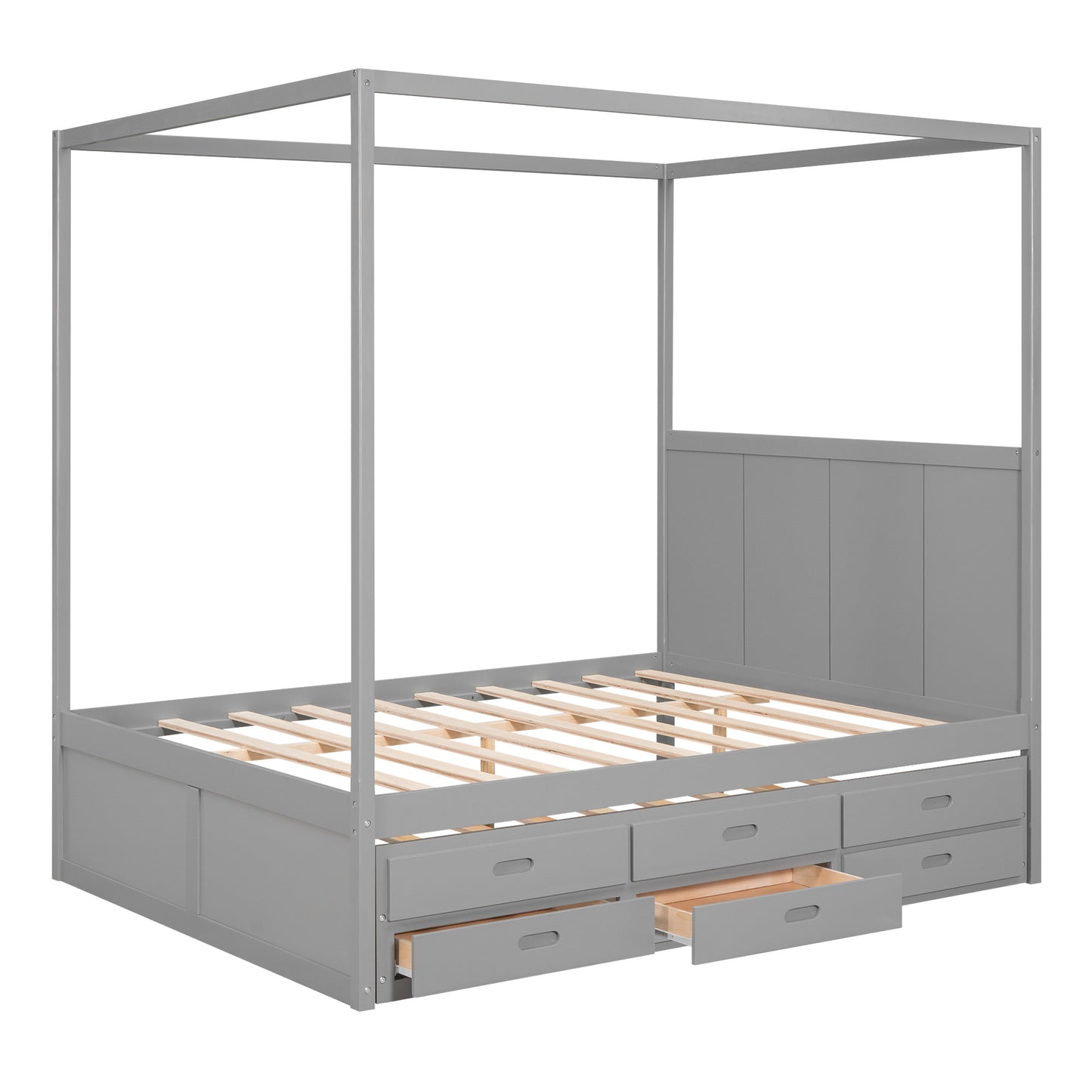 queen size canopy platform bed with twin size trundle and three storage drawers,gray