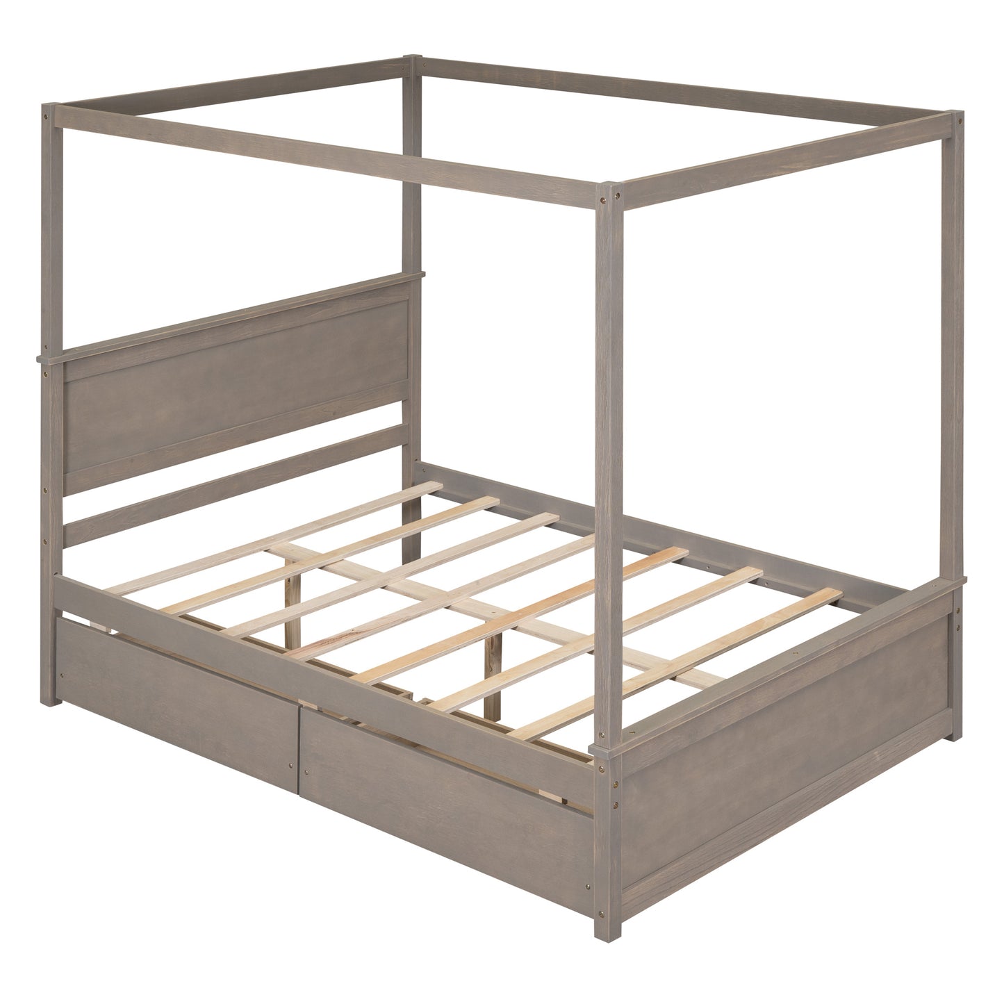 wood canopy bed with two drawers, light brown