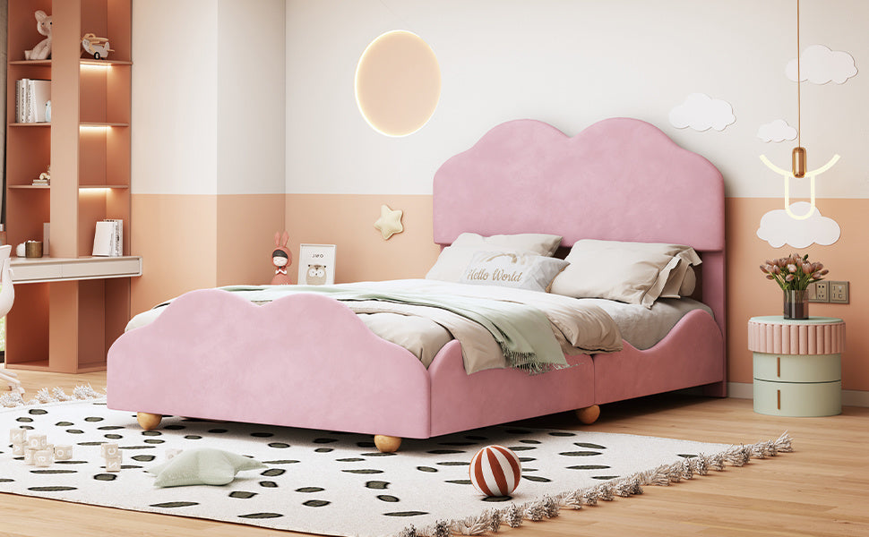 upholstered bed with cloud shaped bed board, light pink