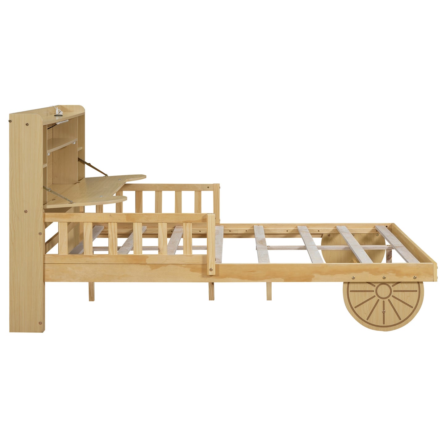 car bed with bear-shaped headboard, usb and led, natural