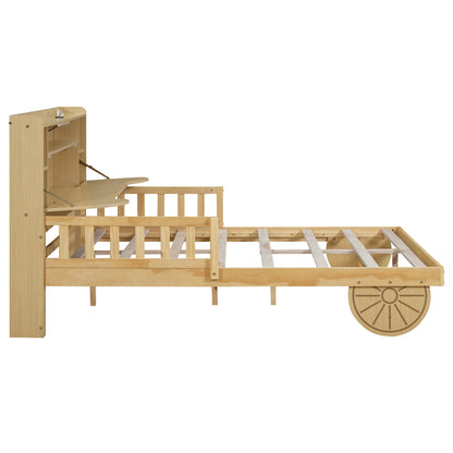 Car Bed with Bear-Shaped Headboard, USB and LED, Natural