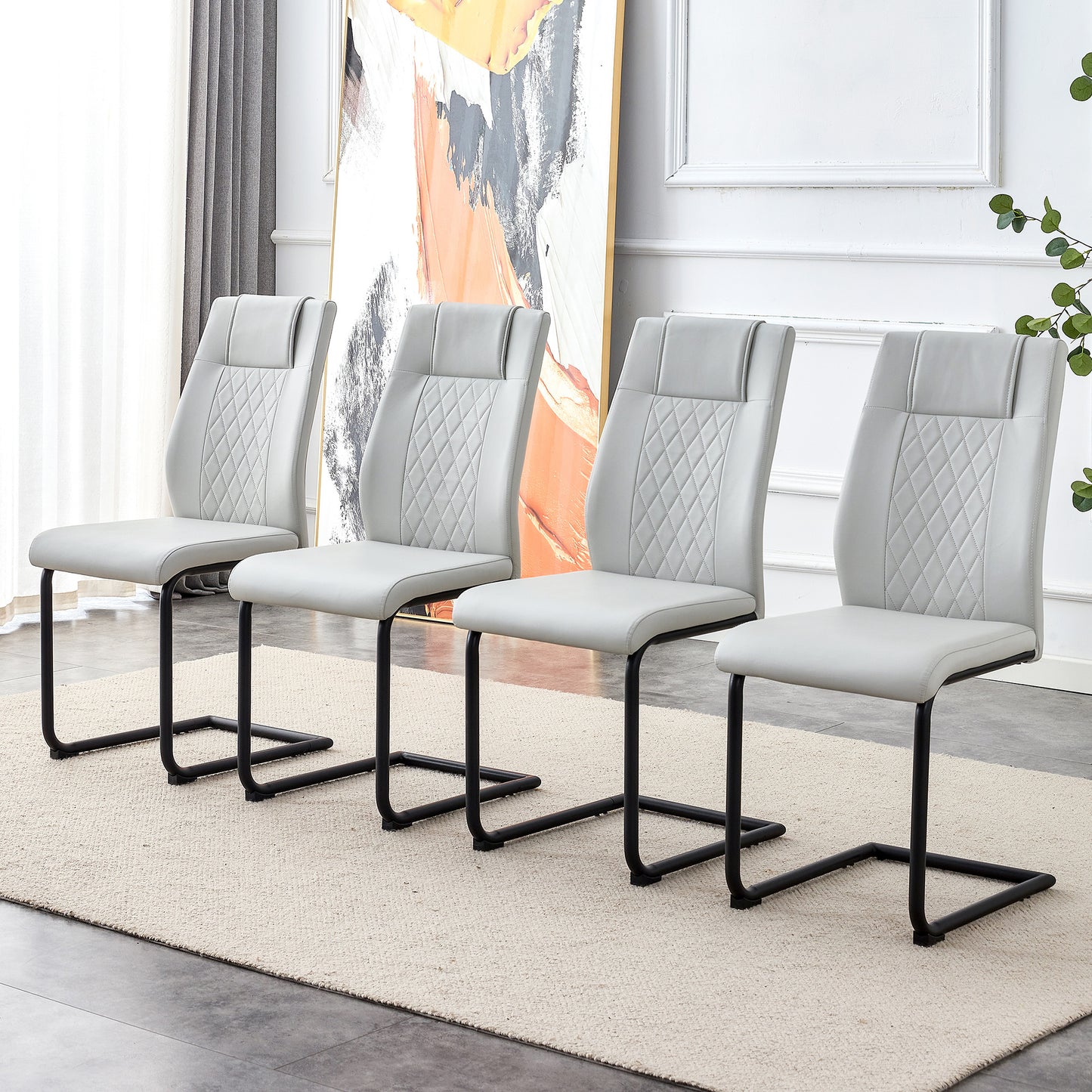 faux leather cushion chairs set of 4, light grey+pu leather
