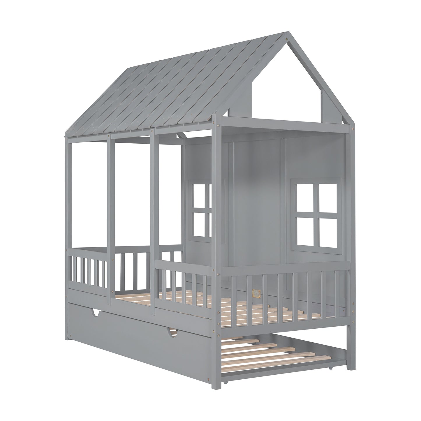 wood house bed with twin size trundle, gray