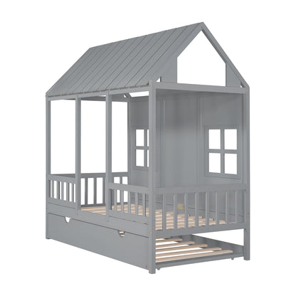 Wood House Bed With Twin Size Trundle, Gray