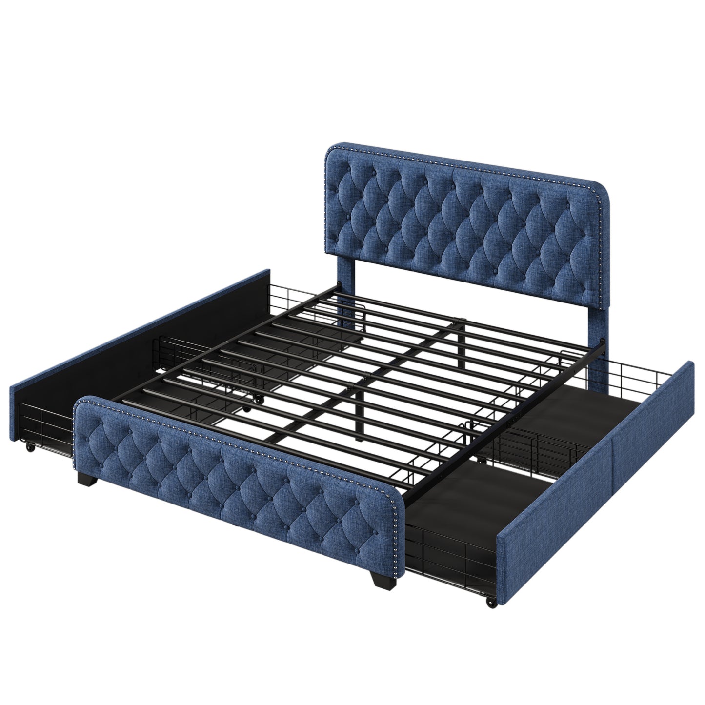 sara upholstered platform bed frame with four drawers, blue