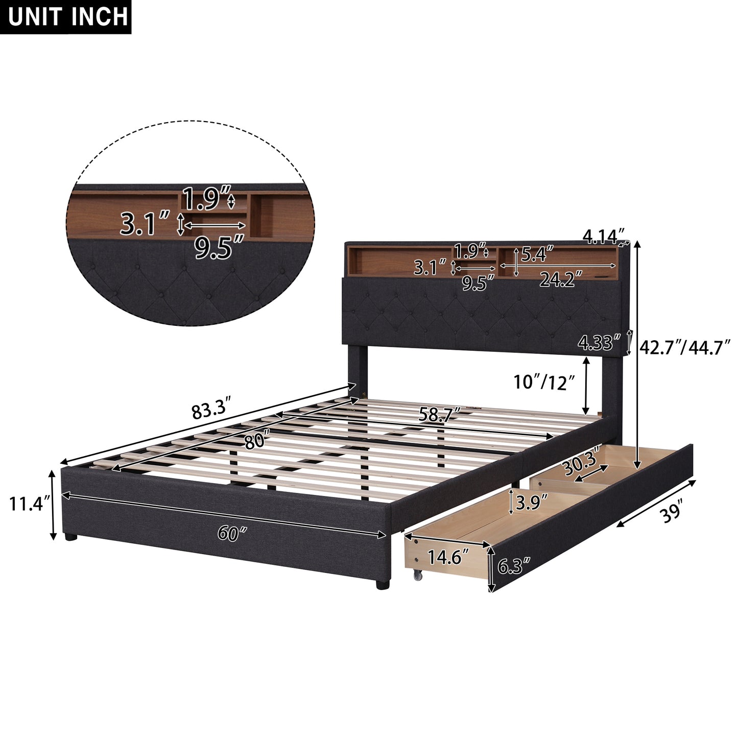 upholstered platform bed with storage headboard, led, usb charging and 2 drawers