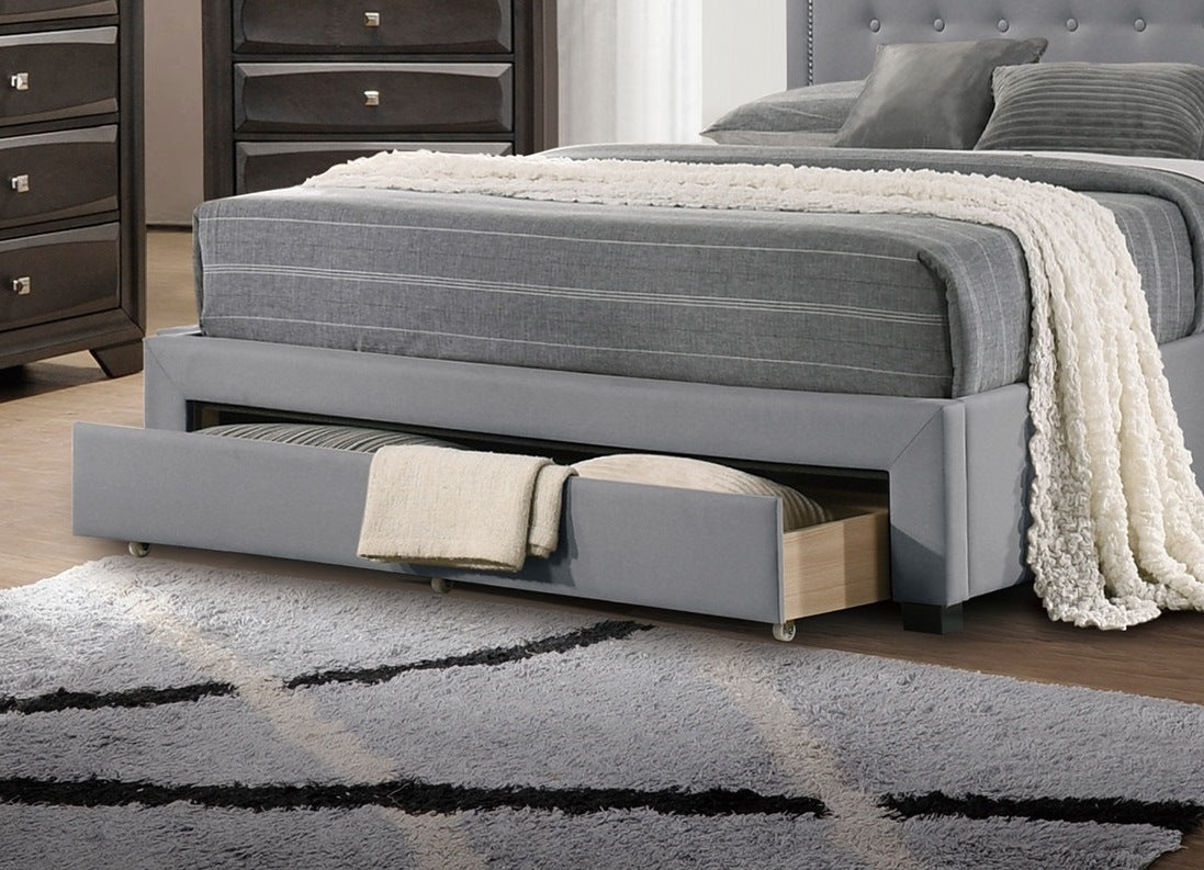 burlap with drawer button tufted arch design headboard +storage, light grey