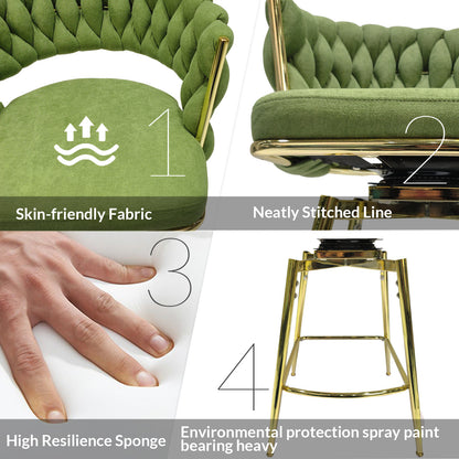 Bar Chair Linen Woven Bar Stool Set of 4, Green