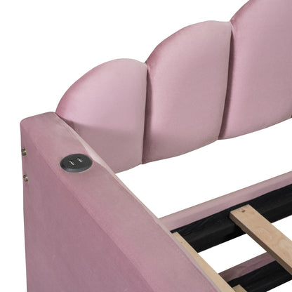 Upholstered Daybed with Trundle & USB Charging Ports, Pink