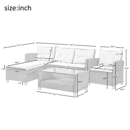 4 Piece Wicker Ratten Sectional Sofa Set with Seat Cushions, Beige Brown