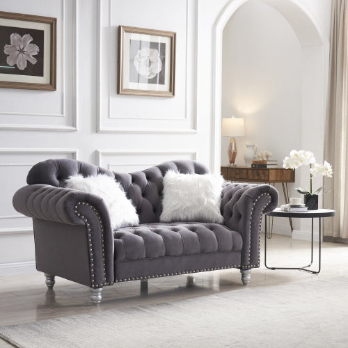 3 piece living room sofa set with 5 white villose pillow, grey