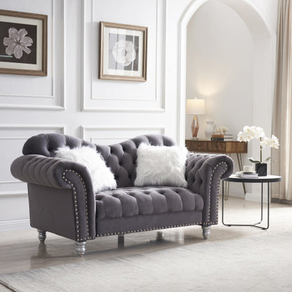 3 Piece Living Room Sofa Set with 5 White Villose Pillow, Grey