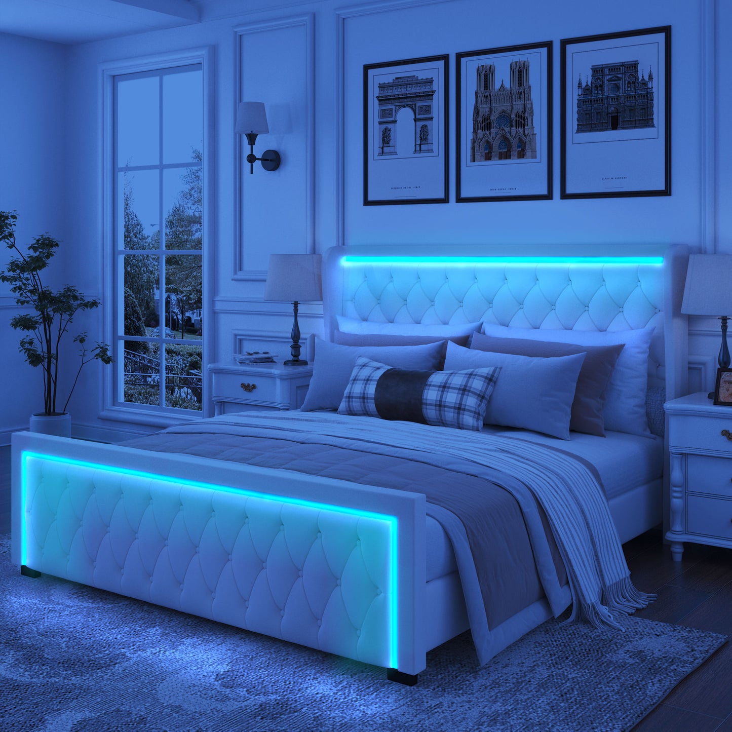 velvet upholstered bed with deep tufted buttons & adjustable colorful led light, beige