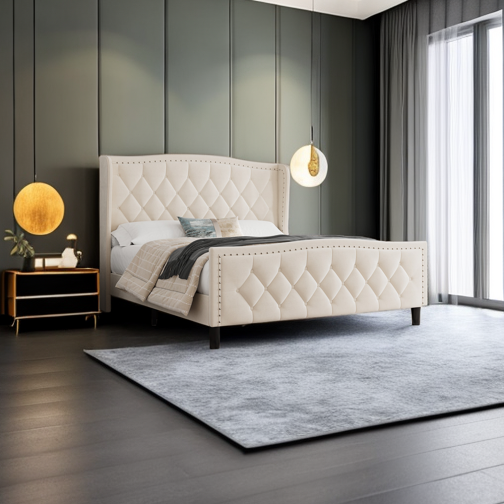 modern velvet upholstered platform bed with wingback headboard, white