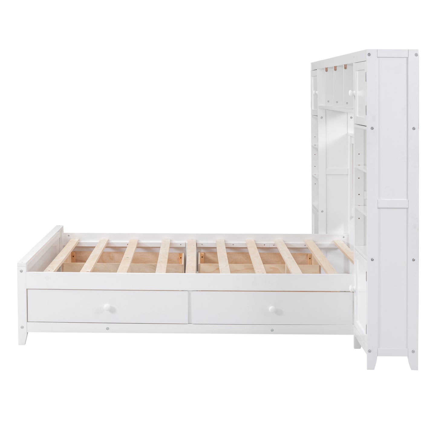 wooden bed with all-in-one cabinet and shelf
