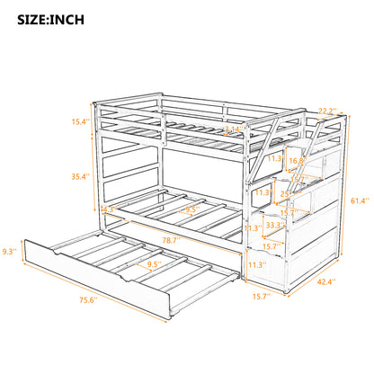 Twin-Over-Twin Bunk Bed with Twin Size Trundle and 3 Storage Stairs, Espresso
