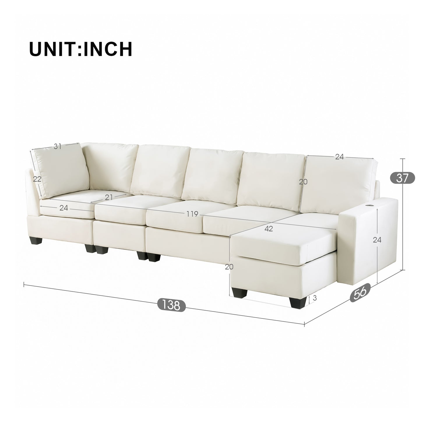 modern l shape sectional sofa with usb charging port, cream