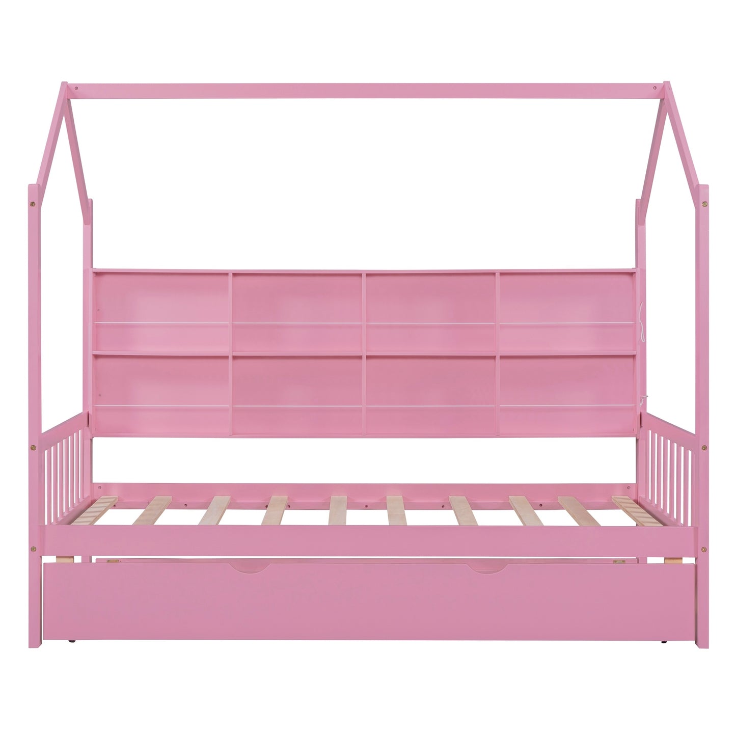 wooden house bed with trundle, pink